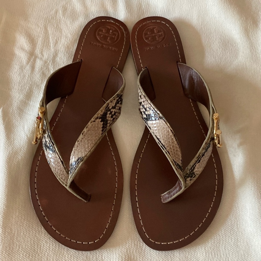 Tory Burch Tan Snakeskin-Print Leather Flip Flop Sandals